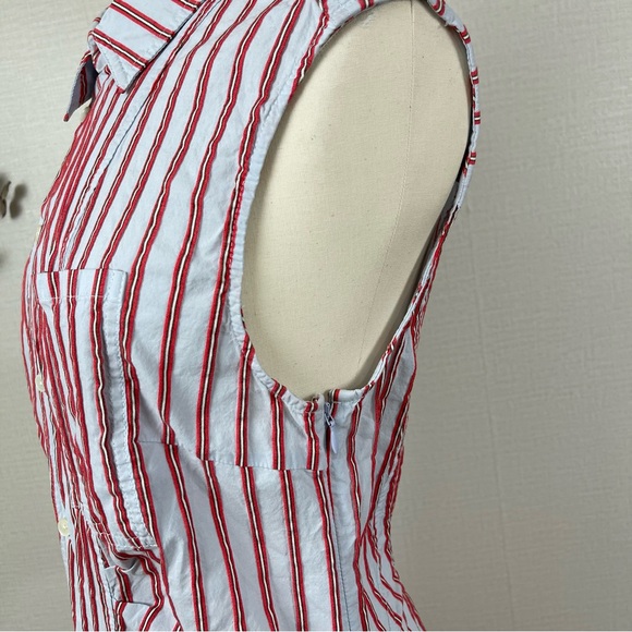 DEREK LAM 10 CROSBY Women’s Blue Red Striped Ruffle Placket  Mini Shirtdress 10 - Picture 11 of 16